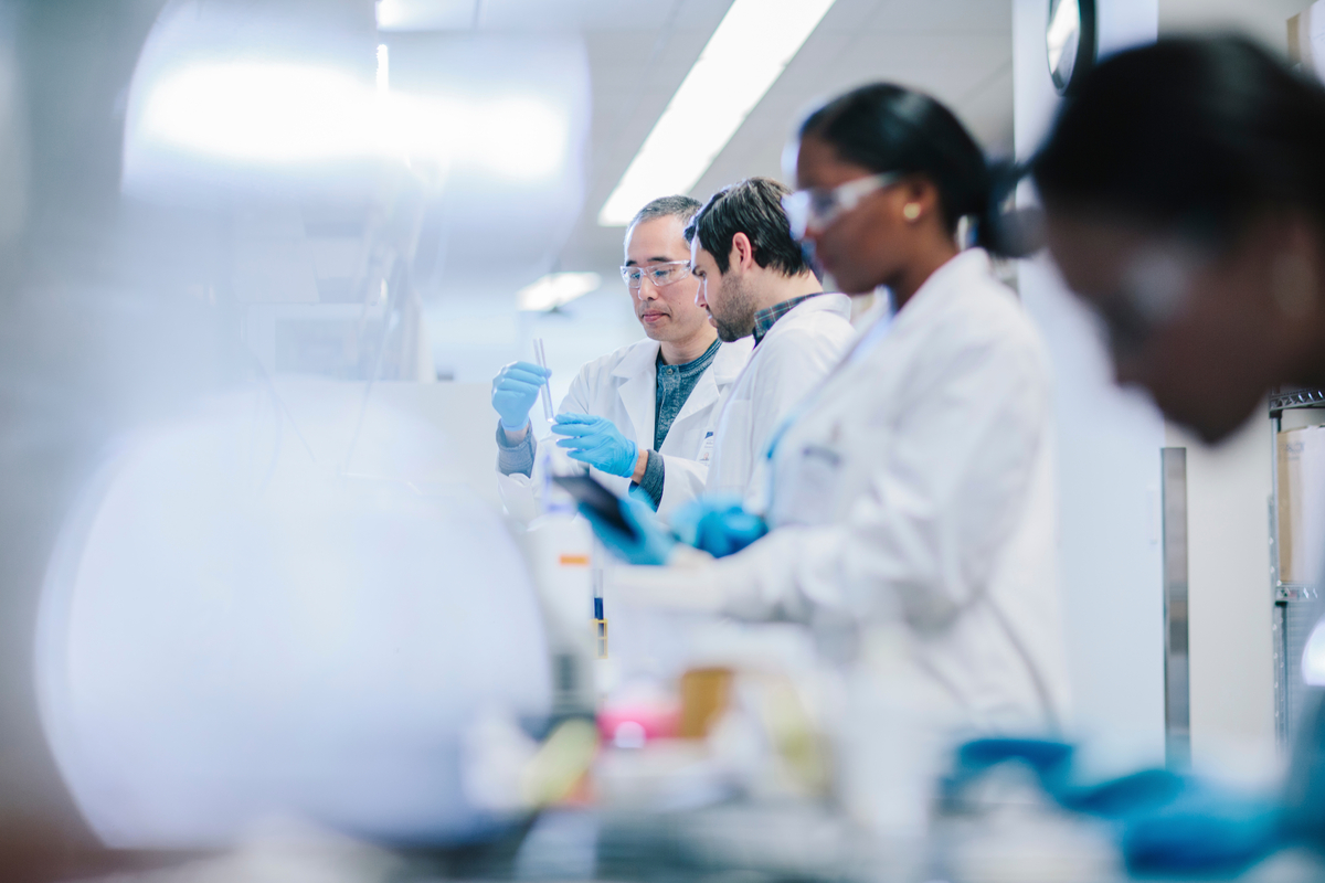 Doctors examining test tubes in laboratory