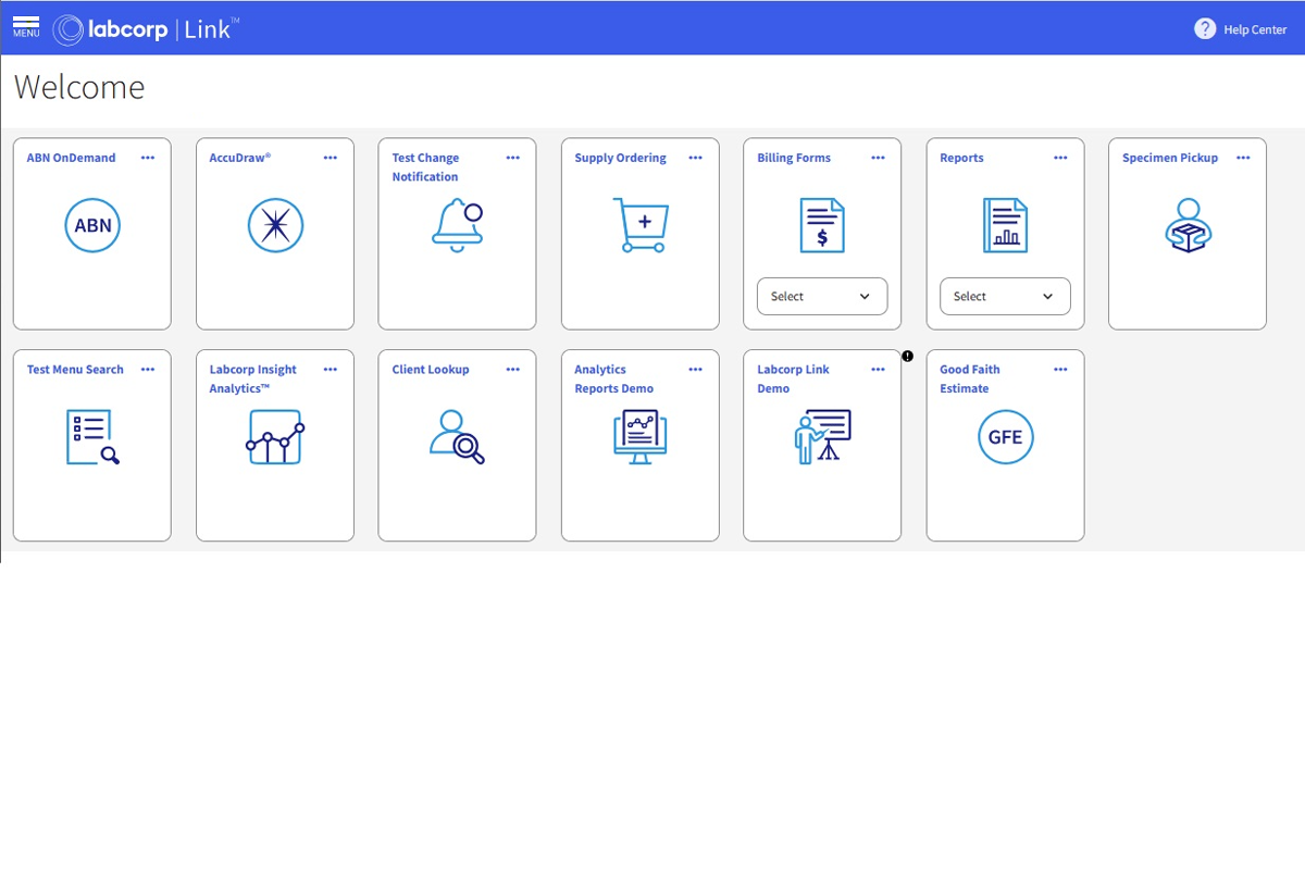 Screenshot from Labcorp Link of the homepage Dashboard